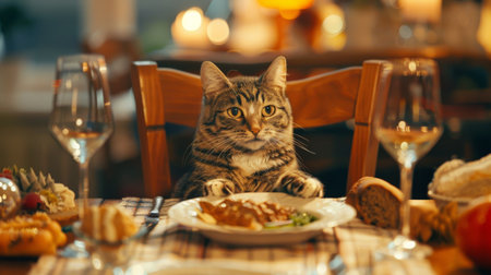 A cat sitting at a table with a fancy dish of food, mimicking human dining in a cozy dining room.の素材
