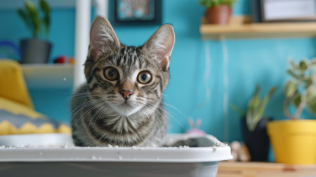 A cat scratching the litter in its box, with a beautifully decorated home office in the background.の素材