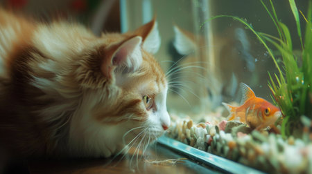 A fat cat staring intently at a fish tank, its nose almost touching the glass. The background is a cozy living room.の素材