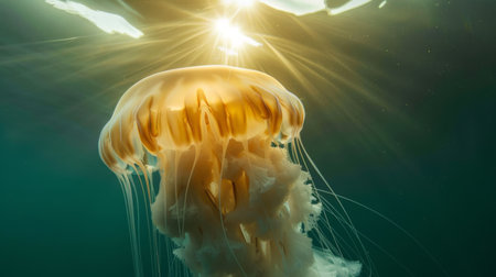A large jellyfish illuminated by sunlight, creating a beautiful glow as it drifts through the water.の素材