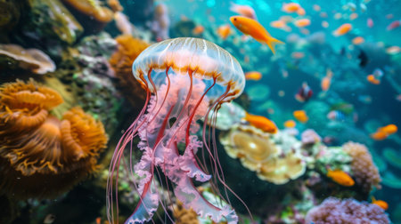 A jellyfish swimming near a coral reef, with colorful corals and fish adding to the vibrant underwater scene.の素材