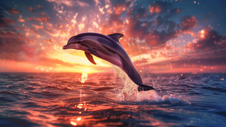 A dolphin performing a high leap in front of a colorful sunset, with the ocean sparkling below.の素材