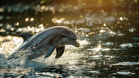 A dolphin emerging from the water, creating a splash under the bright sun.の素材