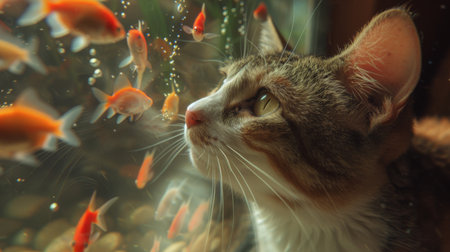 A fat cat staring intently at a fish tank, its nose almost touching the glass. The background is a cozy living room.の素材