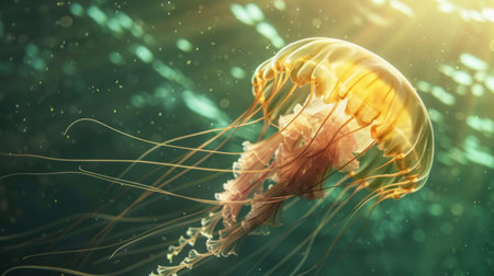 A large jellyfish illuminated by sunlight, creating a beautiful glow as it drifts through the water.の素材
