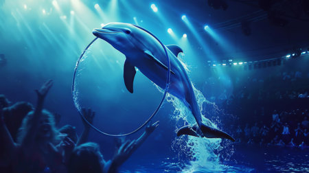 A dolphin jumping through a hoop during a marine show, with the audience cheering in the background.の素材