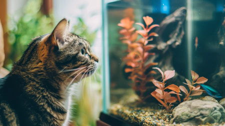 A fat cat staring intently at a fish tank, its nose almost touching the glass. The background is a cozy living room.の素材