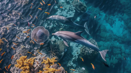Aerial view of dolphins swimming near a coral reef, with colorful fish and marine life around them.の素材