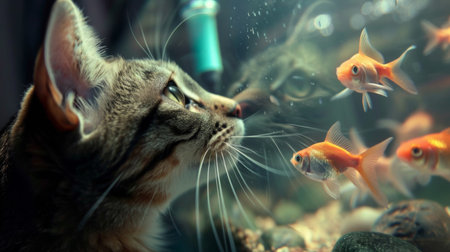A cat peering into an aquarium, its whiskers almost touching the glass as it follows the fish inside.の素材