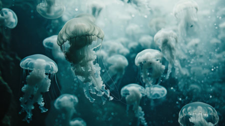 A school of jellyfish moving in unison, their translucent bodies creating a mesmerizing pattern in the water.の素材