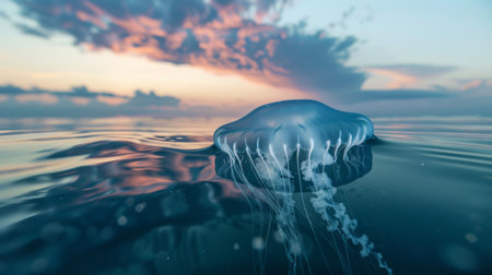 A jellyfish swimming near the ocean surface at dusk, with the sky reflecting on the water.の素材