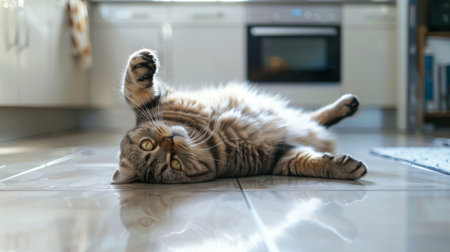 A fat cat lying on its back on a tiled floor, its legs up in the air in a playful pose. The setting is a modern kitchen.の素材