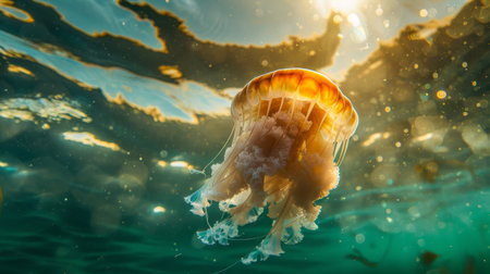 A jellyfish drifting near the surface of the ocean, with the sunlight filtering through the water.の素材