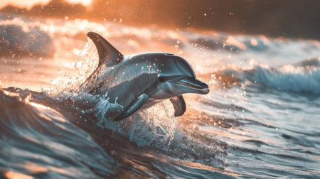 A dolphin emerging from the water, creating a splash under the bright sun.の素材