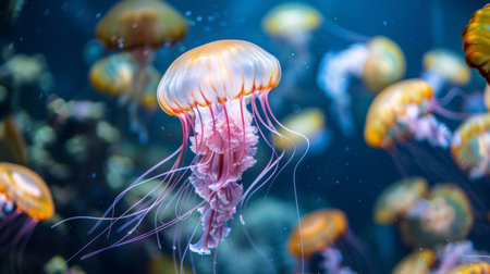 A jellyfish floating gracefully in an aquarium, its movements captivating the visitors watching it.の素材