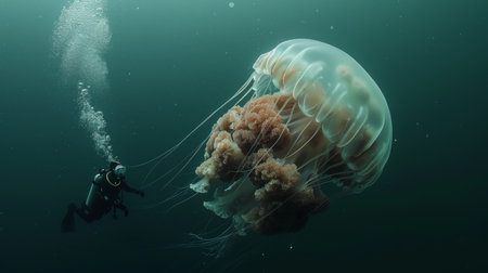 A diver swimming alongside a large jellyfish, showcasing the size and beauty of this marine creature.の素材