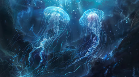 A pair of jellyfish drifting together in the deep sea, their tentacles intertwining gracefully.の素材