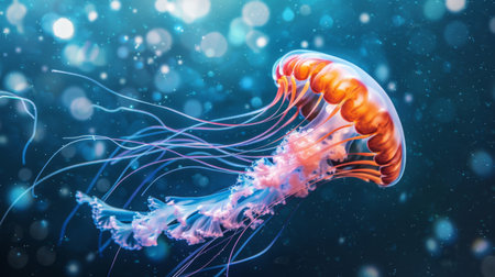 A mesmerizing jellyfish gliding through the deep blue ocean, its tentacles trailing gracefully behind.の素材