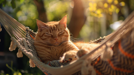 An overweight cat lounging on a hammock in a sunlit garden, its eyes half-closed in relaxationの素材