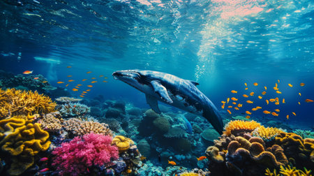 A whale swimming near a coral reef, showcasing the vibrant underwater ecosystem.の素材