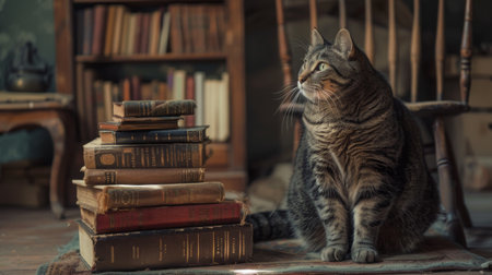 An overweight cat sitting next to a small stack of books, appearing guarding them. The setting is a cozy study.の素材