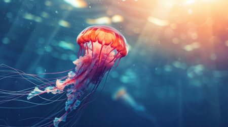 A jellyfish drifting near the surface of the ocean, with the sunlight filtering through the water.の素材