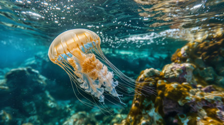 A jellyfish gliding past a rocky underwater terrain, its graceful movements contrasting with the rugged environment.の素材