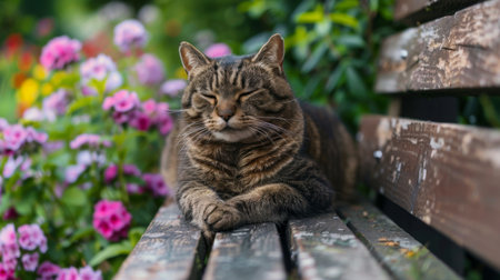 An overweight cat sitting on a garden bench, surrounded by blooming flowers. The cat looks relaxed and at peace.の素材