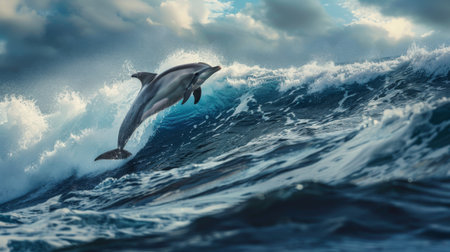 A single dolphin jumping high above the waves, with a dramatic ocean backdrop.の素材