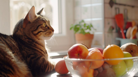 An overweight cat sitting on a kitchen counter, staring curiously at a bowl of fresh fruits. The kitchen is bright and modern.の素材