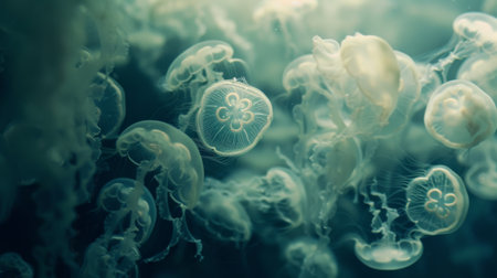 A school of jellyfish moving in unison, their translucent bodies creating a mesmerizing pattern in the water.の素材