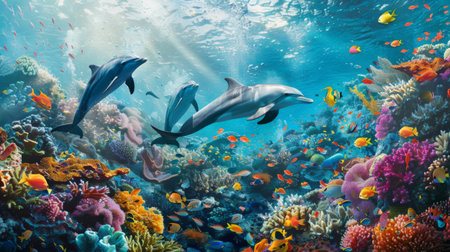 Aerial view of dolphins swimming near a coral reef, with colorful fish and marine life around them.の素材