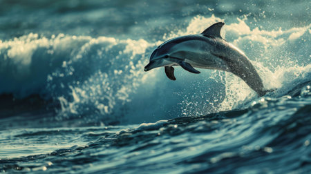A single dolphin jumping high above the waves, with a dramatic ocean backdrop.の素材