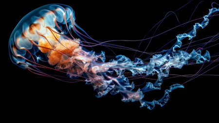 A jellyfish captured in motion, its bell pulsating rhythmically as it swims through the water.の素材