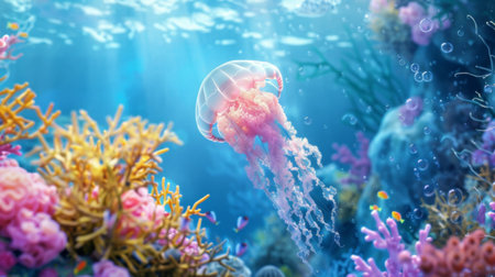 A jellyfish swimming near a coral reef, with colorful corals and fish adding to the vibrant underwater scene.の素材