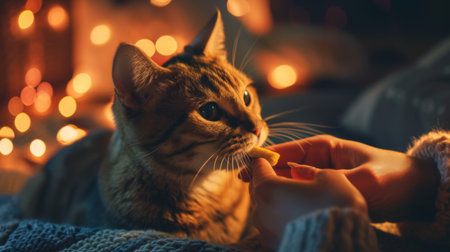 A cat enjoying a treat from its owner's hand, set in a cozy living room filled with warm lighting.の素材