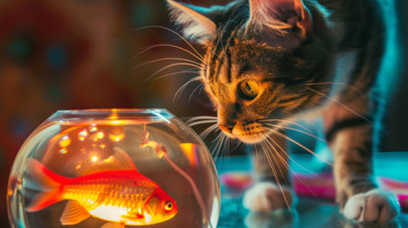 A cat gently pawing at a fish in a glass bowl, its whiskers twitching with curiosity. The backdrop is a colorful kitchen.の素材