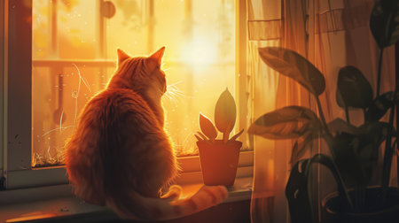A chubby cat sitting on a windowsill at dusk, watching the world outside as the sun sets.の素材