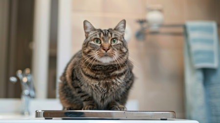 An overweight cat sitting on a scale, looking up with a bewildered expression. The bathroom setting is simple and clean.の素材