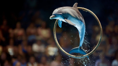 A dolphin jumping through a hoop during a marine show, with the audience cheering in the background.の素材