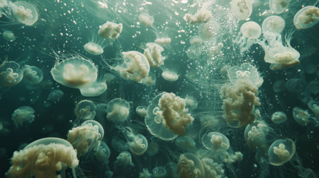 A school of jellyfish moving in unison, their translucent bodies creating a mesmerizing pattern in the water.の素材