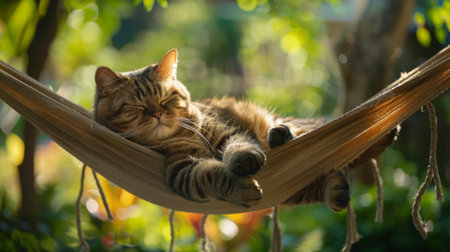 An overweight cat lounging on a hammock in a sunlit garden, its eyes half-closed in relaxationの素材