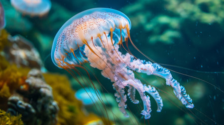 A jellyfish gliding past a rocky underwater terrain, its graceful movements contrasting with the rugged environment.の素材