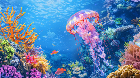 A jellyfish swimming near a coral reef, with colorful corals and fish adding to the vibrant underwater scene.の素材