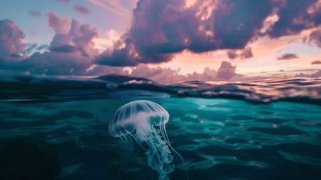 A jellyfish swimming near the ocean surface at dusk, with the sky reflecting on the water.の素材