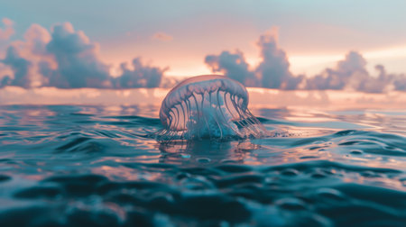 A jellyfish swimming near the ocean surface at dusk, with the sky reflecting on the water.の素材