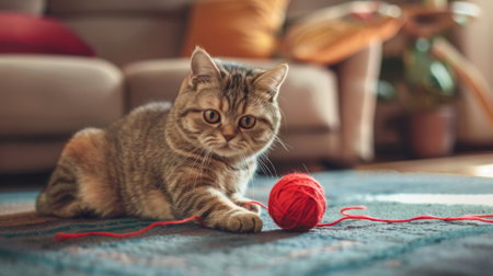 A chubby cat playing with a ball of yarn on a living room floor, the yarn trailing around it in a playful mess.の素材