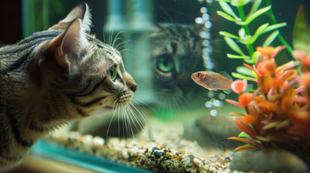 A cat peering into an aquarium, its whiskers almost touching the glass as it follows the fish inside.の素材