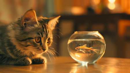 A cat staring intently at a fish bowl placed on a wooden table, ready to make its move. The room is warmly lit and inviting.の素材