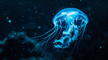 A bioluminescent jellyfish glowing in the dark ocean, its light creating a magical underwater ambiance.の素材